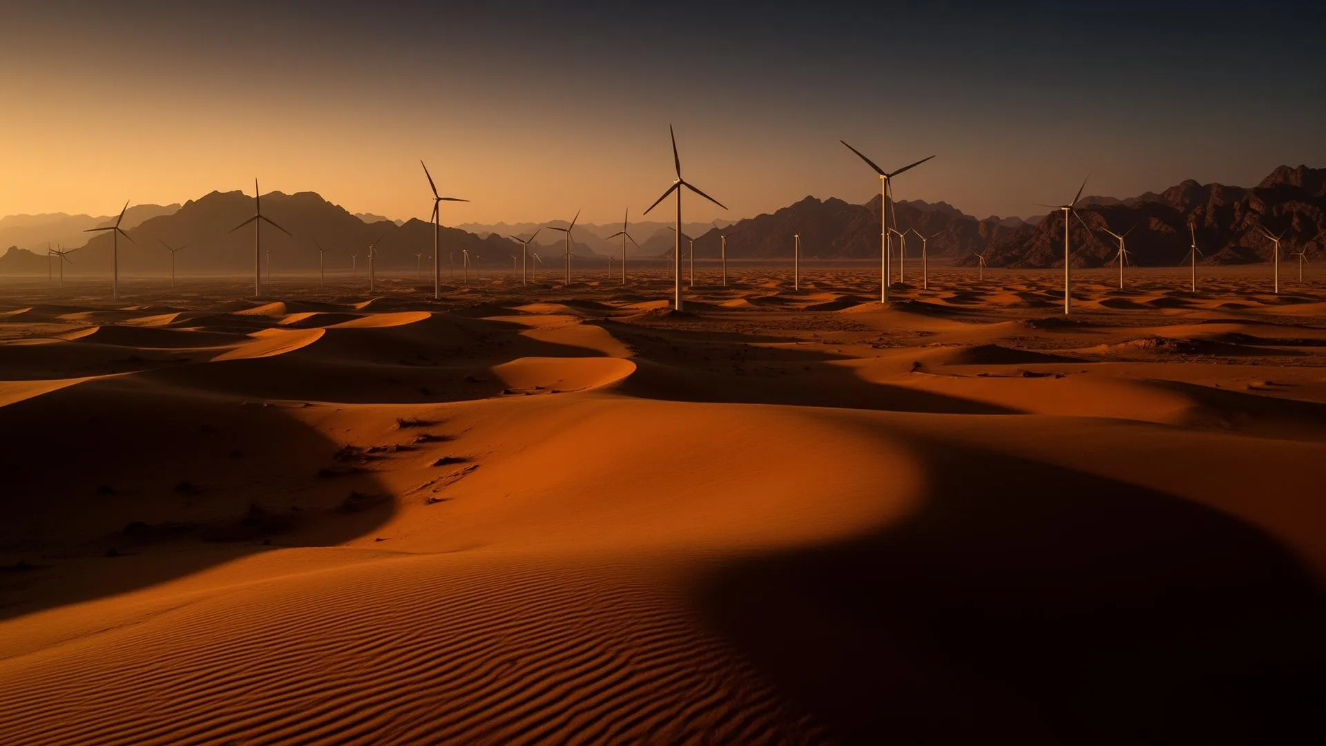 Wind turbines across Oman desert dunes at golden hour